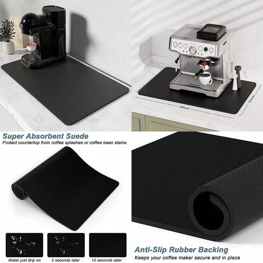 Coffee Mat, Coffee Bar Mats For Espresso Machine Station Accessories And Organizer, Hide Stain Rubber Backed Absorbent Dish Drying Pad For Kitchen Counter, Cute Bar Decor Pad, Black - AJet Black - View 1