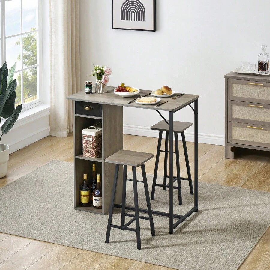 Set de comedor alto de 3 piezas - Mesa de bar pequeña de 91 cm con estantes de almacenamiento - 2 taburetes altos - Estilo industrial moderno - Perfecto para cocina, desayunador o apartamentos - Gris - Ver 1