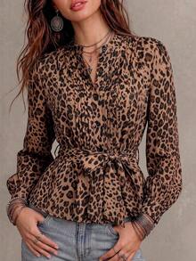 Women's New Leopard Print Waist Knot Casual Versatile Daily Long Sleeve Blouse Shirt Elegant Casual Date Party Gathering Brown - Brown - View 2