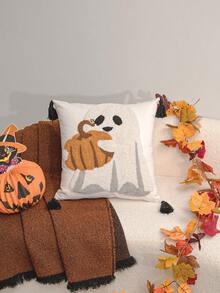 1 Stück/2 Stücke 18x18 Zoll gesteppte Halloween Kissenbezüge, Geister, Kürbis und Sensenmann dekorative Kissenbezüge mit verstecktem Reißverschluss und Quasten, geeignet für Sofa und Schlafzimmer Dekoration, nur Kissenbezüge, ohne Füllung - Weiss - Übersicht 5