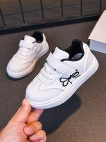 Children's Simple Embroidered Bow Knot Shoes, Versatile Hook And Loop Infant Toddler White Sneakers - White - View 3