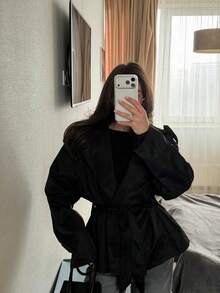 Black Waist-Cinching Short Trench Coat, New Vintage Sexy Style Slim Fit High-End Jacket - Black - View 4