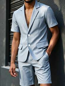 Men's Lightweight Suit Set, Short Sleeve Blazer And Shorts Casual Outfit, Suitable For Daily Wear, Casual Commuting, Summer - Navy Blue - View 3