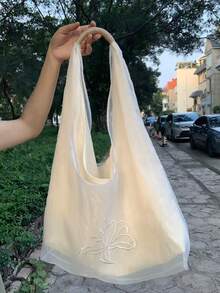 韓系小眾設計 Ins 風透視刺繡帆布包，溫柔隨性大容量腋下單肩手提包，通勤休閒日常購物女包 - 杏色 - 查看 9