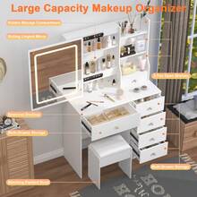 31.5" White Vanity Desk With LED Lighted Sliding Mirror & Stool, Makeup Vanity Table With 7 Drawers, Open/Hidden Shelves & 3 Color Dimmable Lights, Dressing Table With Hutch For Bedroom - White - View 3
