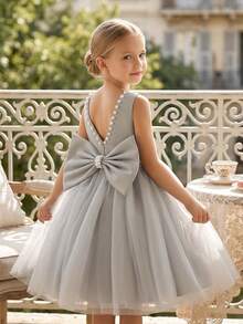 Young Girl Pearl Decor Bow Back Deep V Party Dress, Suitable For Birthday Party, Gift, Evening Gala, Dance, Holiday Celebration, Wedding Flower Girl Dress - Grey - View 3