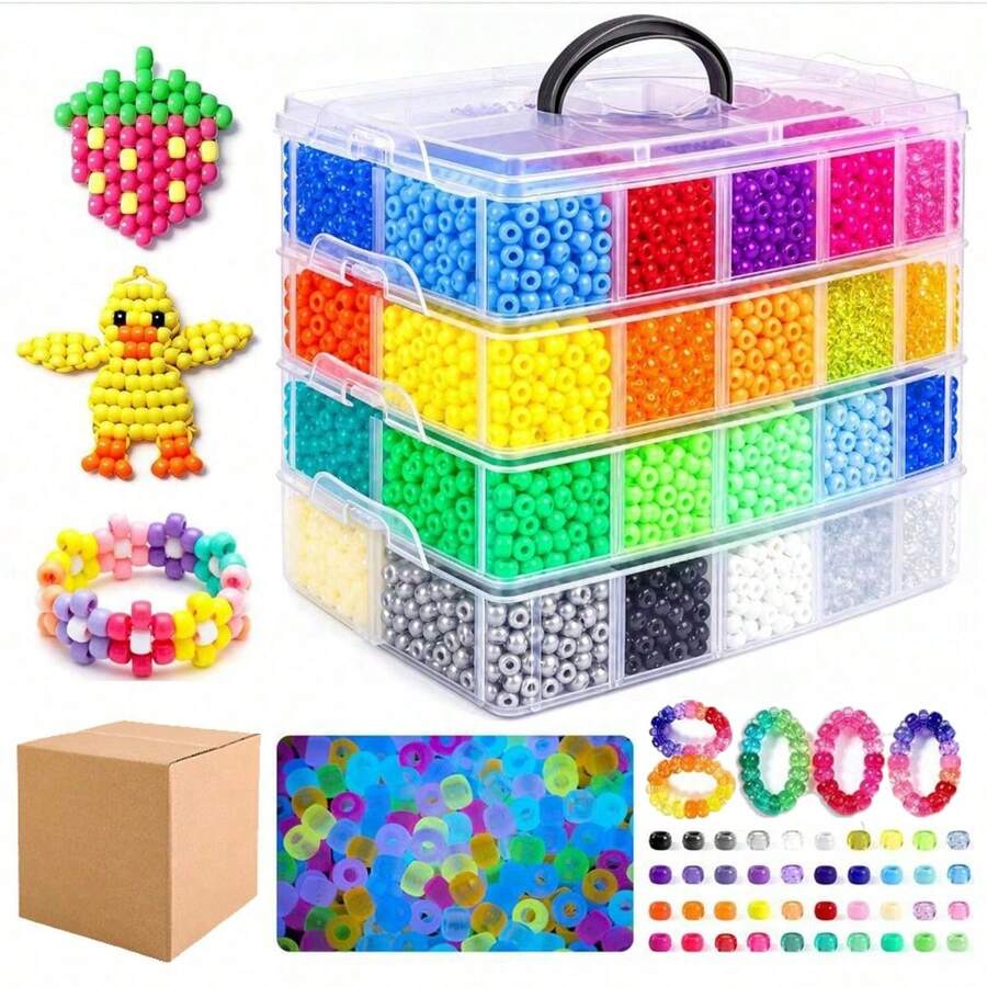 8000pcs Ponytail Beads Bracelet Making Kit, 40 Colors Kandi Beads For Bracelet Jewelry Making, 6x9mm Hair Braid Beads For Hair Braiding, Keychain DIY Crafts - Multicolor - View 1