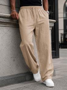 Men's Solid Color Drawstring Waist Casual Versatile Daily Travel Long Pants - Apricot - View 4