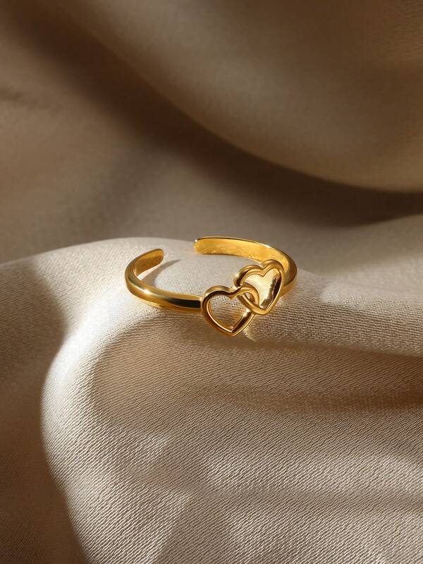 1Pc Interlocked Hollow Double Heart Rings, 18K Gold Plated Stainless Steel Open Ring, Romantic Sweet Women Jewelry For Wedding Dating Gift