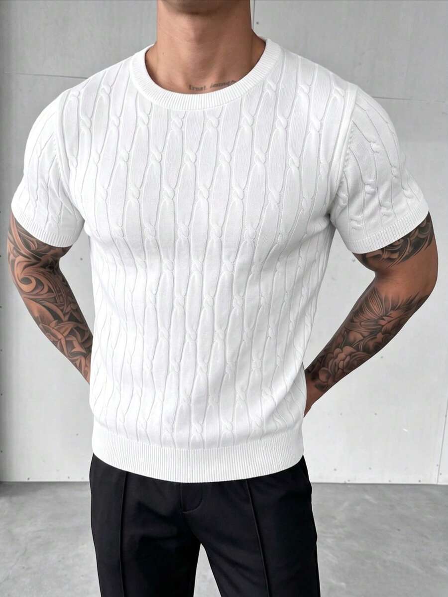 ZYNTH BALENO Men's Summer Fashion Crew Neck Cable Knit Slim Fit Short Sleeve Sweater, Suitable For Gym And Outdoor Sports - White - View 1