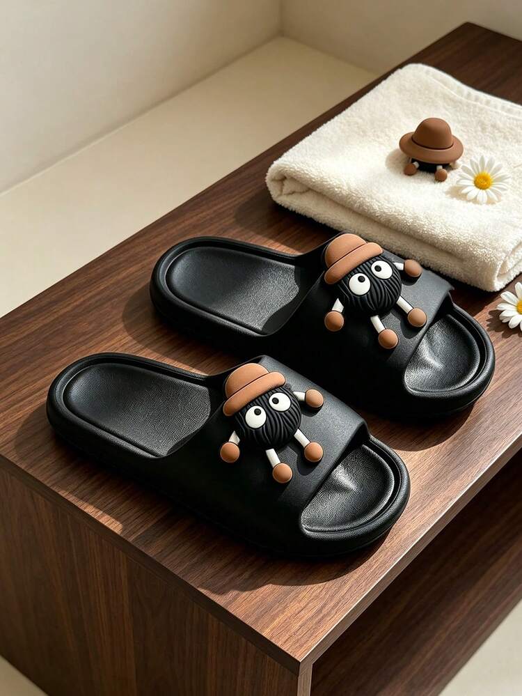 Summer Cartoon Coal Ball Beach Slippers, Women's Cartoon Decor Lightweight Comfortable Slippers, Durable Non-Slip Bathroom Slippers - Black - View 2