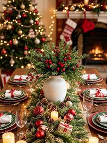 24pcs Christmas Artificial Pine Branches With Red Berry Stems, Faux Norfolk Pine Foliage Stems, DIY Wreath Home Decor, Artificial Winter Berry Plants, Suitable For Vases, Dining Tables, Holidays, Patios, Fireplaces, Weddings, Gardens, Farmhouse Style Room Decoration - Multicolor - View 4