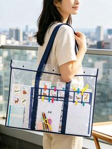 Large Transparent PVC Art Portfolio Tote Bag With A4 Pocket And Snap Closure, Waterproof Poster Storage Bag, Reusable Clear Handbag, Suitable For Art Blueprints, Teaching Flashcards, Portable Shoulder Bag, Ideal For Teachers, Students, Artists, Office Workers, School, Classroom, Picnic, Beach, Travel Practical Gift, Travel Essential - Multicolor - View 2