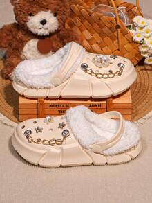 HOEASE Girls' Winter Plush Lined Garden Clogs, EVA Soft Sole Comfortable Indoor Slippers, Slip-On Design, Ideal Gift For Halloween And Christmas - Beige - View 5