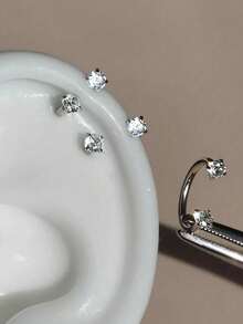 1PC/2pcs/Set Luxury Style Exquisite Versatile Stainless Steel 18G 4-Prong Zirconia C-Shaped Stud Earrings, Sparkling CZ Stainless Steel Spiral Cartilage Piercing Earrings, Suitable For Daily Wear, Can Be Used As Gifts For Various Occasions Like Valentine's Day, Birthday, Graduation Season - 1pc-silver - View 2