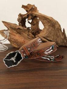 1pc Valentine's Day, Carnival, Christmas, Birthday Gift, Street Western Bull Head Buckle, American Cowboy PU Men's Belt, Brown And Black Optional - Multicolor - View 2