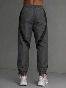 Men's Racing Style Printed Sports Pants With Drawstring Design, Side Contrast Color Line Patchwork, Versatile Long Pants For Daily Wear, Gym Training, Multi-Scenario Retro Street Style Casual Pants - Dark Grey - View 2