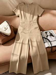 Women's New Solid Color Cutout Pocket Wide Leg Jumpsuit, Suitable For Daily, Office, Vacation In Spring & Summer - Recommend Sizing Up One Size For Slim Fit - Khaki - View 10