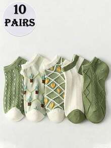 5/10/15 Pairs Fresh Matcha Green Women's Short Socks, Cactus Heart 3D Textured Low-Cut Socks, All-Season Versatile Daily Wear - Multicolor - View 8
