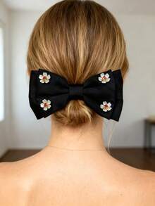 Black Small Floral Bow Ponytail Clip With Pearl Phoenix Tail Vine Flower Mesh Bow Hair Clip For Girls, Simple Elegant Hair Accessory - Black Bow With Small Flowers - View 3