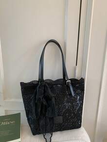 Lace Niche Design Fresh Literary Style Handbag, Bowknot Decoration, Large Capacity, Suitable For Vacation, Beach, Commute, Daily Matching - Black - View 3