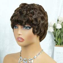 Short Curly Wave Human Hair Machine Made Glueless Wig Human Hair 6inch 180% Density Pixie Cut Wig For Women Short Curly Wave Highlight For Daily Use 4# Color For Party - S4 - View 6