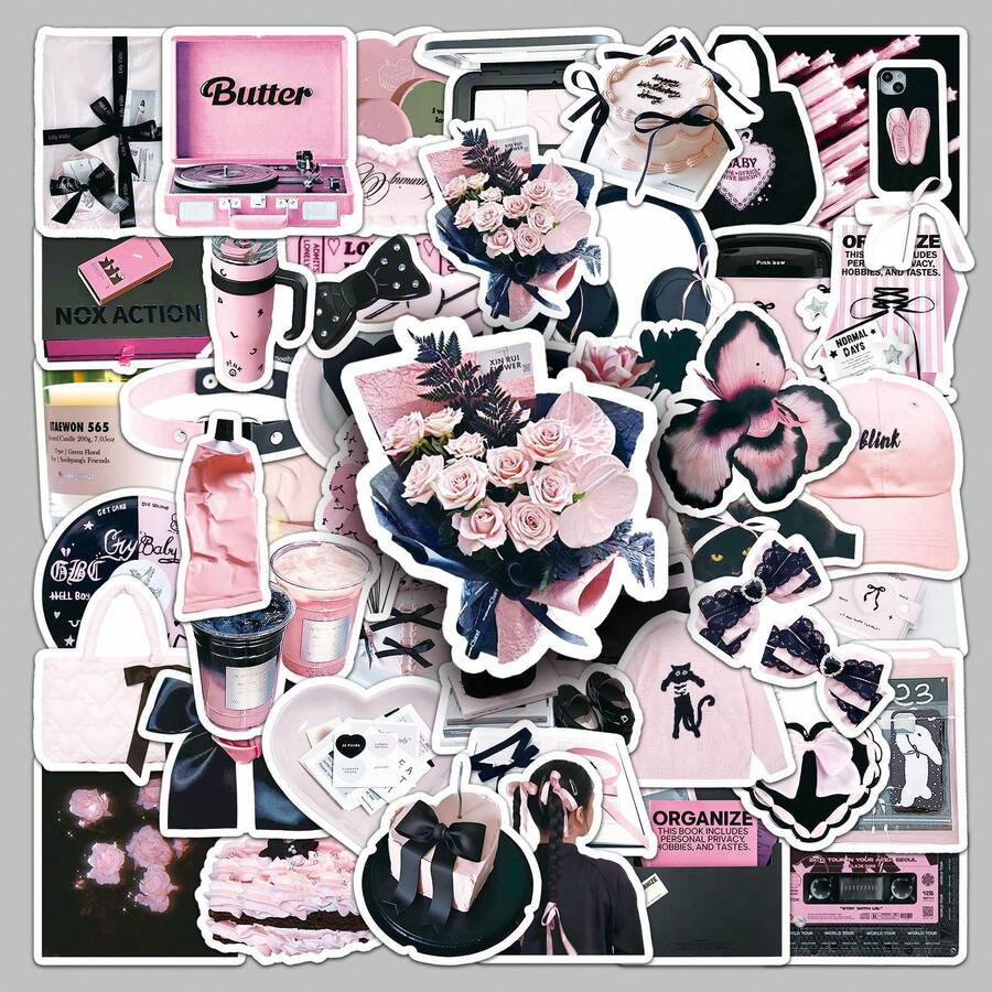 52pc Black & Pink INS Style Sweet Cool Creative Waterproof Decorative Stickers For Notebook, Planner, Luggage - Multicolor - View 1