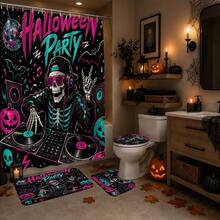 1/4pcs Neon Skull DJ Record Player Pumpkin Pattern Heat-Insulated Home Decor Bathroom Shower Curtain, With 12 Hooks, Suitable For Various Bathroom Scenes, Halloween Music Party Decoration - Skeleton DJ - View 4