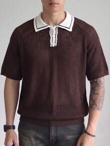 Men's Neutral Colorblock Button Half-Placket Polo Collar Business Casual Commute Versatile Daily Loose Comfortable Sporty Leisure Short Sleeve Thin Mesh Knit Sweater Brown Back To School - Brown - View 1