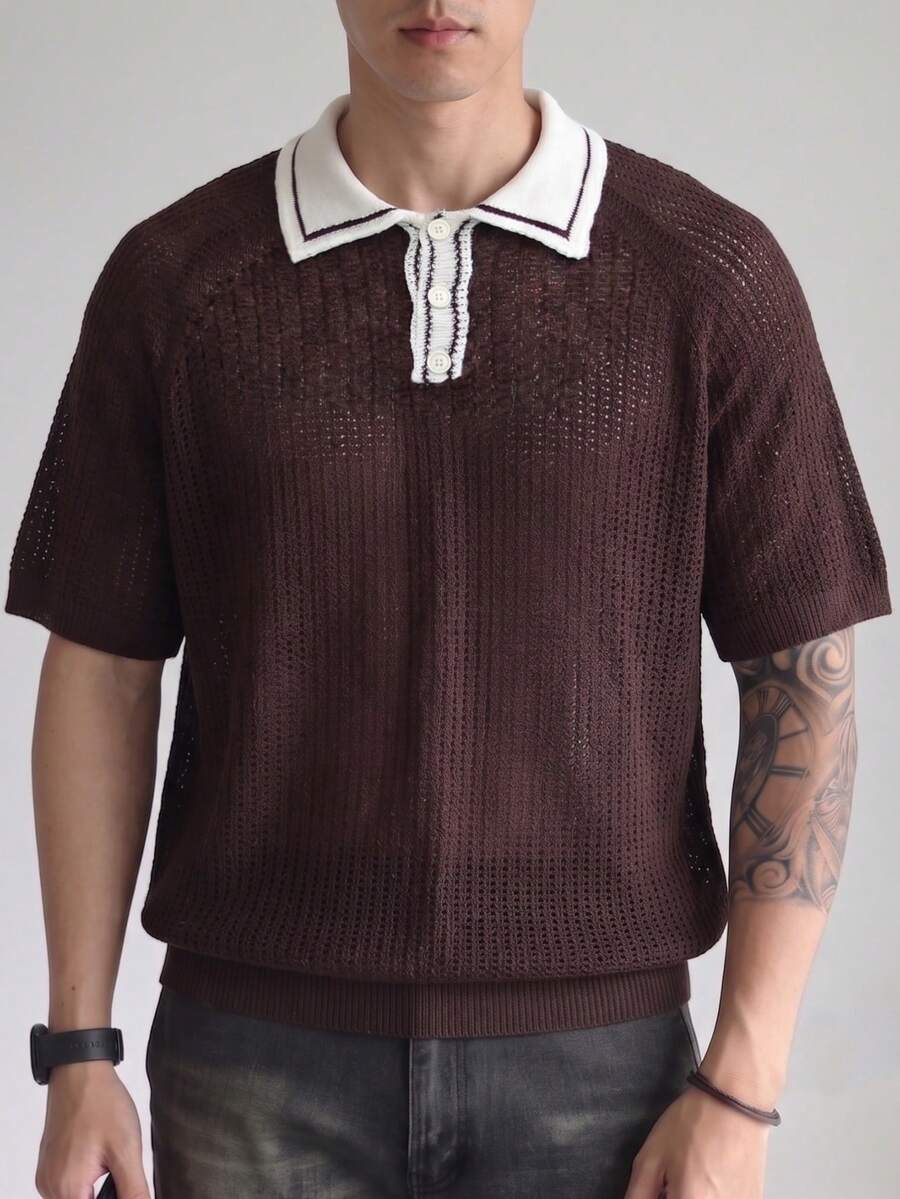 Men's Neutral Colorblock Button Half-Placket Polo Collar Business Casual Commute Versatile Daily Loose Comfortable Sporty Leisure Short Sleeve Thin Mesh Knit Sweater Brown Back To School - Brown - View 1