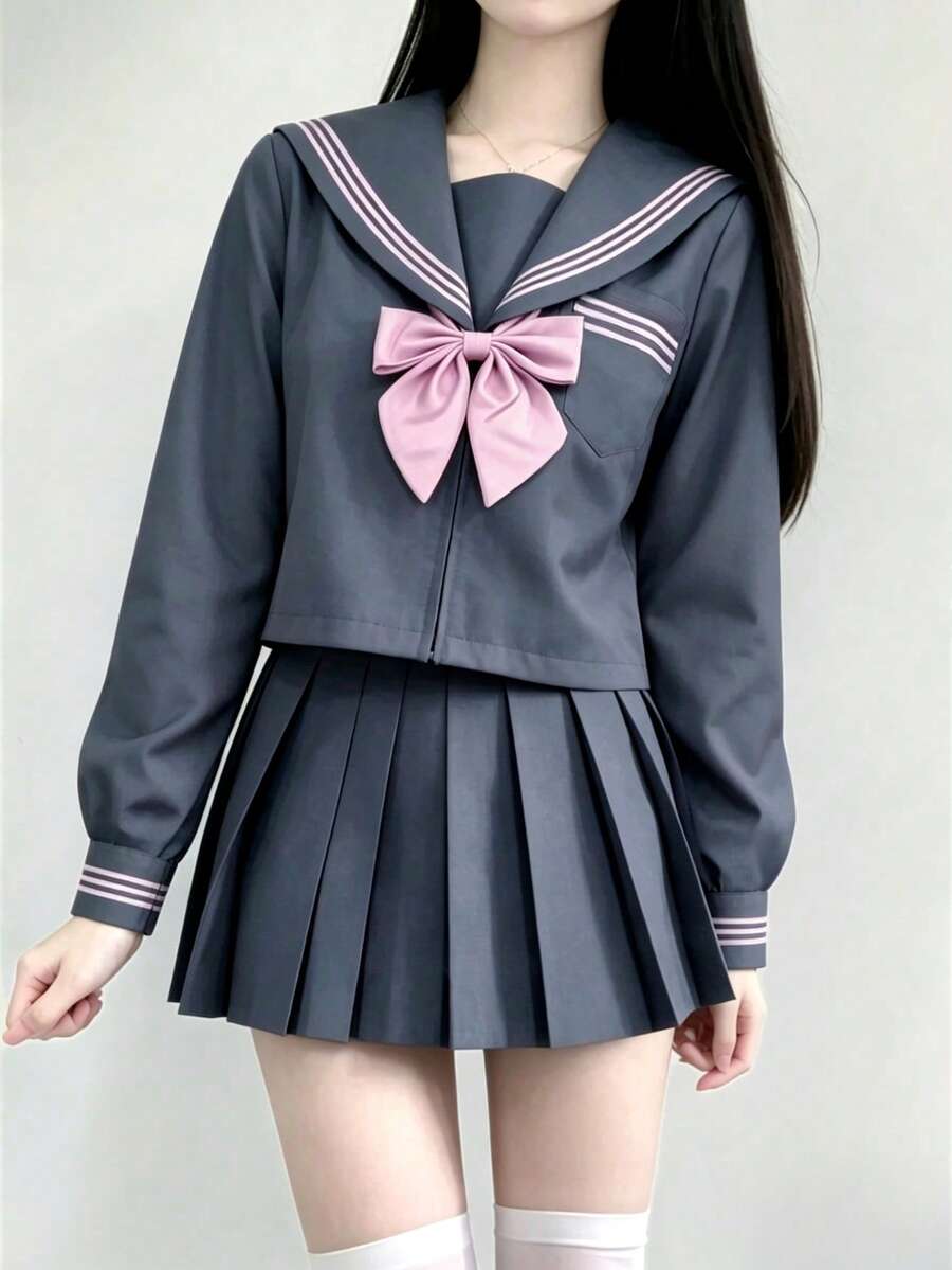 1件裝可愛校園JK制服套裝,附領結,女款校園風水手JK制服,灰色粉色長袖百褶裙,秋季款 - 灰色 - 查看 1