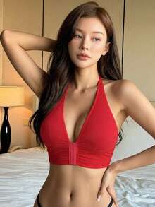 DAZY 1件女款舒適掛脖式內衣，前扣設計，無鋼圈，無墊肩 - 紅色 - 查看 5