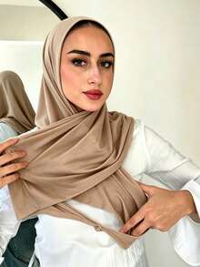 1pc Women's Instant Classic Basic Solid Color Hijab, Pre-Sewn Wrap Style Scarf Headscarf, Multiple Wearing Methods To Adjust Any Style, Versatile Practical Elastic Turban, Jersey Fabric Comfortable Soft Skin-Friendly, Suitable For Daily Wear, Sports, Yoga - Khaki - View 3