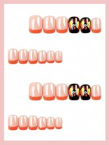 24pcs Rt Square French Nude Yellow Double Layer 3D Banana Design Nail Stickers, Fresh Sweet INS Style False Nails, Suitable For Students And Young Girls, Brighten Skin Tone, Self-Adhesive - 彩色 - 查看 2