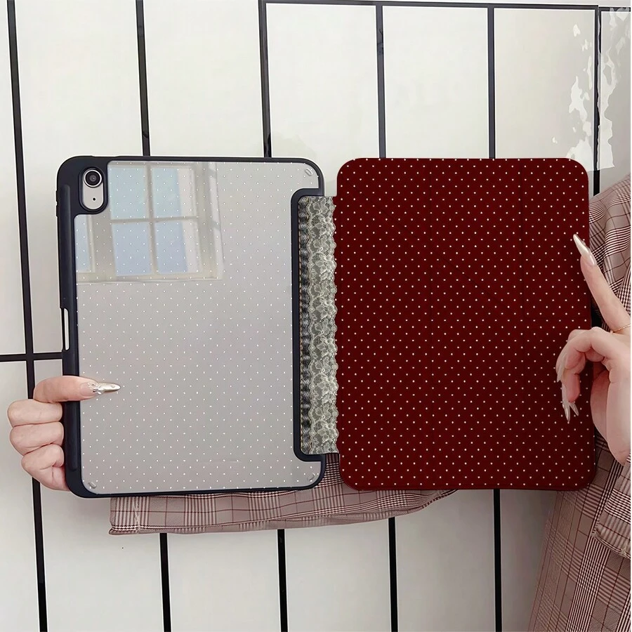 酒紅色波點蕾絲印花平板保護翻蓋保護殼，附筆槽，相容 iPad 10代 Smart Case/11(A16 2025)/相容 Galaxy S9/S7/S10+/相容 /相容