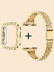 1件組適用於Apple Watch錶帶 38/40/41/42/44/45/46mm 不鏽鋼金屬金色細錶帶 + TPU全包覆防摔防刮保護殼，相容於Watch Series 11/Ultra/SE/10/9/8/7/6/5/4/3/2/1 錶帶與錶殼配件 - 金色 - 查看 2