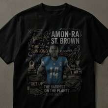 Amon-Ra St. Brown Fan T-Shirt | Wide Receiver Chalk Art Sketch Graphic Tee | Sun King Alpha WR Football Game Day Gift 6JZW - Black - View 2