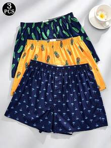 3 Pcs/Pack Men's Breathable Elastic Waist Printed Boxer Shorts, Loose Casual Underwear - Multicolor - View 1