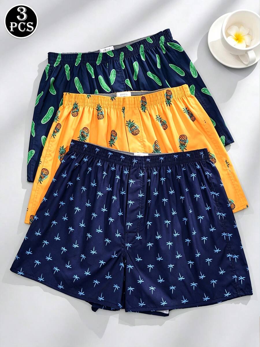 3 Pcs/Pack Men's Breathable Elastic Waist Printed Boxer Shorts, Loose Casual Underwear - Multicolor - View 1