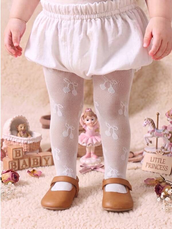 1 Pc Black White Mesh Tights For Baby Girls With Cherry Pattern, Summer Breathable Sheer Pantyhose, Baby Girl Clothes 0 To 36 Months, Sweet Princess