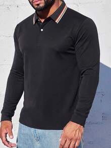 Striped Trim Lapel Collar Long Sleeve Polo, Regular Fit Casual Basic Top, All-Match Daily Wear, Perfect Present For Guys - Black - View 3