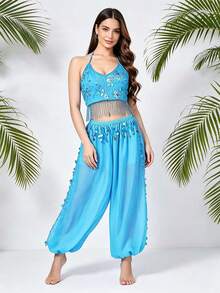 Professional Belly Dance Coin Fringe Embroidered Halter Crop Top, Elastic Waist Dot Mesh Harem Pants For Dance Training, Flamenco Shows And Competitions - Multicolor - View 14