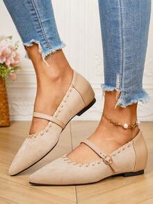 2026 New French Style Pointed Toe Flat Mary Jane Shoes For Women, Low Vamp, Elegant Fashionable For Outwear, Pairs Well With Skirts - Beige - View 3