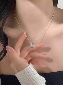 1pc S925 Sterling Silver Minimalist Luxury Elegant Elegant Shiny Design Cubic Zirconia Square Pendant Necklace Women Fashion Classic Personalized Exquisite Cool High-End Niche Versatile Casual Party Neck Jewelry Valentine's Day Exquisite Gift - Sugar Cubes - View 5