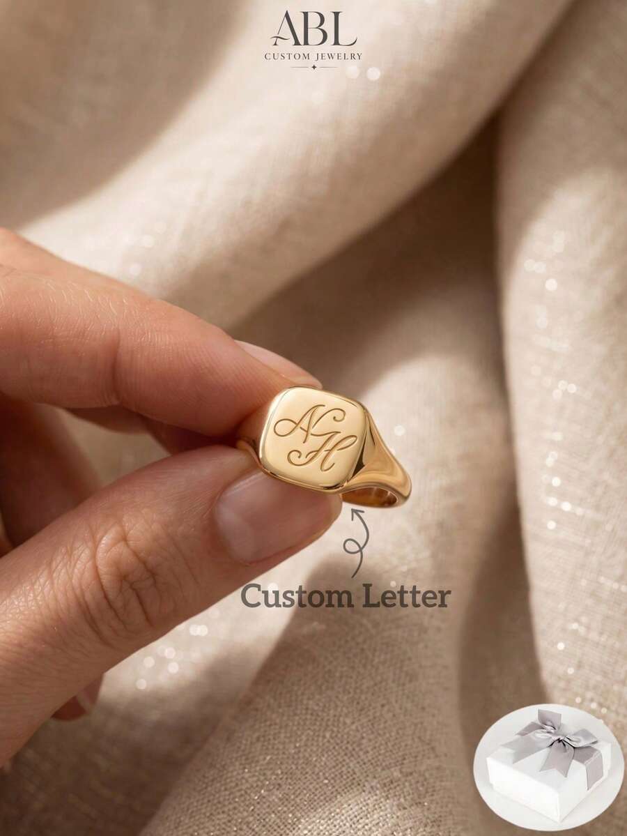 客製化方形印章戒指，個性化刻字情侶戒指 - 中號方形印章戒指，聖誕禮物，情人節禮物，母親節禮物，家庭禮物，適合男女，週年紀念禮物
