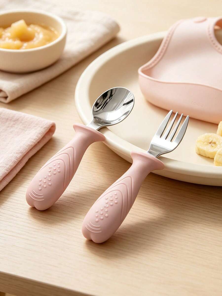 Baby & Toddler Silicone & Stainless Steel Tableware Set, Includes Spoon & Fork, With Silicone Handle, Anti-Choking Design - Multicolor - View 1