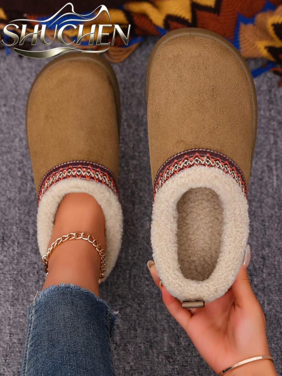 1雙女款柔軟布料刺繡毛絨袖口套腳圓頭厚底低踝靴，波希米亞風冬季駝色鞋，秋冬靴