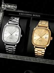 Set Jam Tangan Bisnis Mewah Pria 2 Buah, Termasuk Jam Tangan dengan Tali Stainless Steel Persegi Warna Perak/Emas dengan Desain Dial Minimalis dan Jendela Tanggal. Dial Matte dan Tali Baja Memancarkan Gaya Bisnis Elit yang Berwibawa. Sebagai set jam tangan praktis, cocok untuk perjalanan sehari-hari dan penggunaan di kantor. - MultiWarna - View 2
