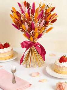 1 Bunch Orange Pink Artificial Fluffy Rabbit Tail Grass And Leaves, Low Maintenance Faux Floral, Suitable For Wedding Centerpiece Decoration, Autumn/Winter Holiday Decor - Orange-red - View 5