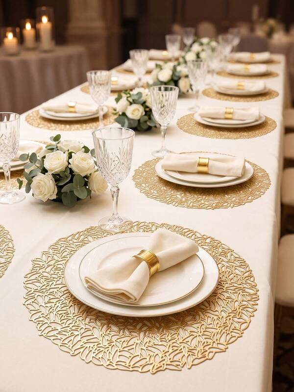 12pcs Gold Line Placemats, PVC Hollow Round Light Luxury Romantic Style Heat-Insulating Pads, Beautiful Vase Mat 38cm, Coffee Cup Coaster, Washable, Easy To Clean, Wipeable, Non-Slip, Heat-Resistant, For Room Decor, Home Dining Table Decor, Home Decoration, Suitable For Holidays, Parties, Birthdays, Weddings And Dinner Parties